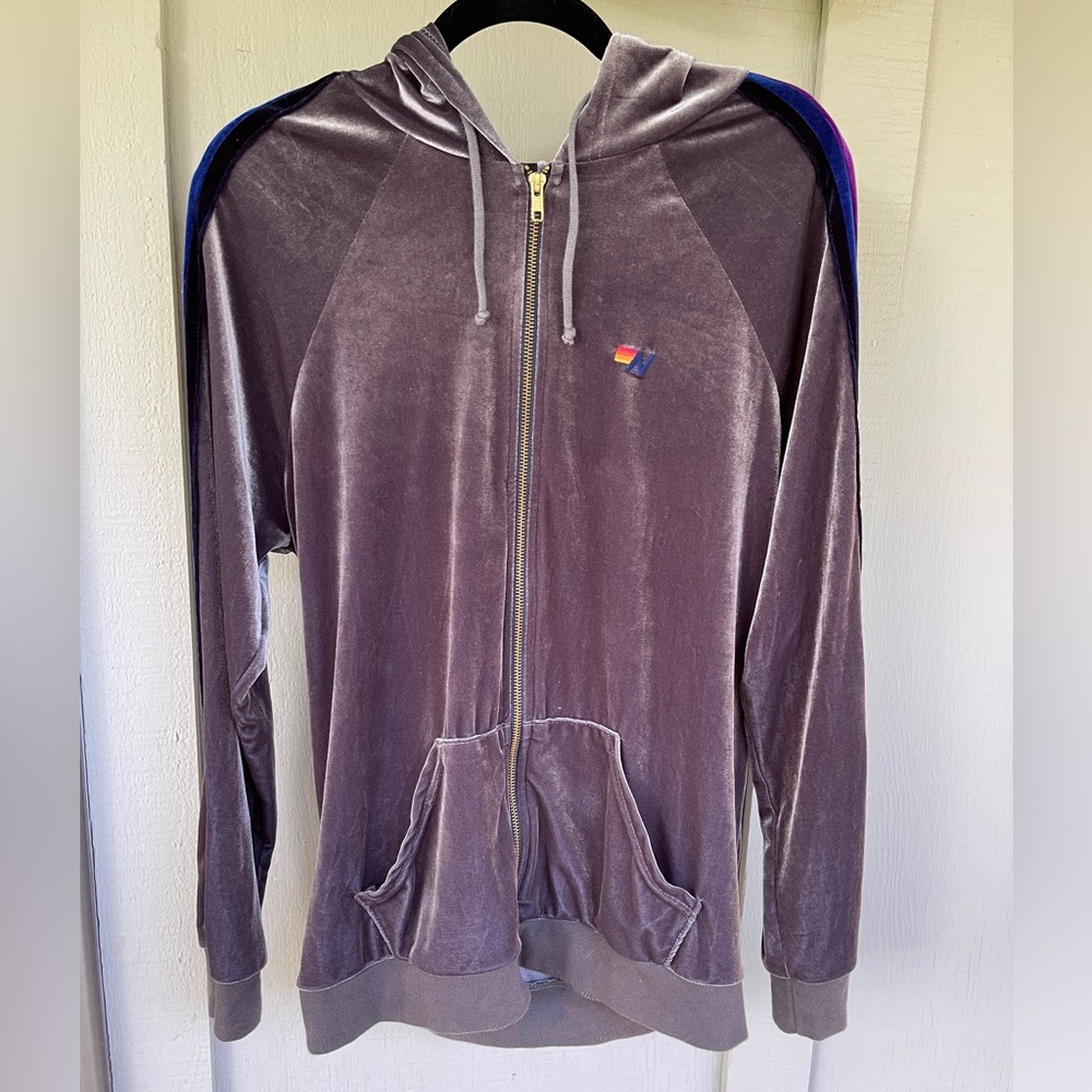 Aviator Nation 5-Stripe Velvet Velour Zip-Up Hoodie Silver Large
